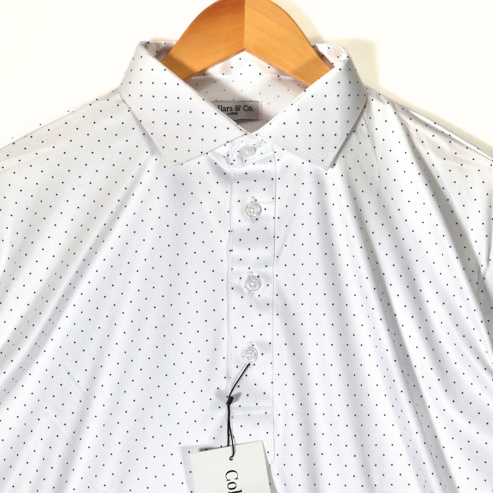 Collars & Co. Dress Collar Polo Mens Large White Polka Dot Performance Business